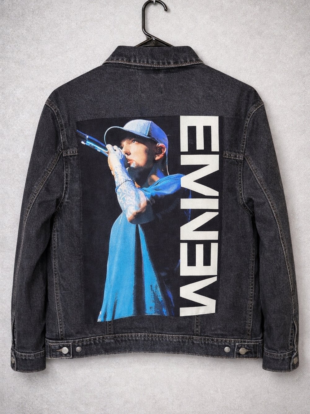 Universal Thread Black Denim Ladies Jacket with Upcycle EMINEM RAPPER Inspired